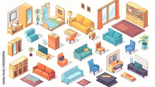 Cozy and Stylish Interior Design Elements Arrangement in Isometric View