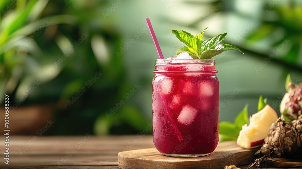 A refreshing Thai mangosteen drink with ice cubes and a straw, served in a glass jar, perfect for a tropical summer day. A refreshing Thai mangosteen drink with ice cubes and a straw, served in a glass jar, perfect for a tropical summer day.