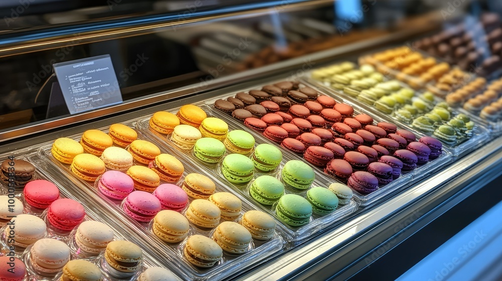 Elegant Display Case with Colorful Macarons Elegant Display Case with Colorful Macarons