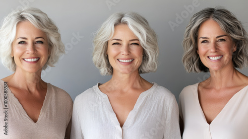 Three smiling women with grey hair stand side by side, wearing light-colored tops, showcasing their radiant smiles and confident demeanor.