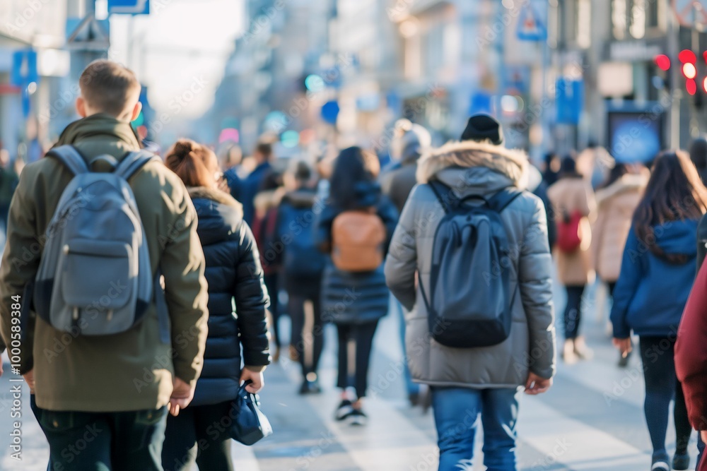 A busy urban street filled with people wearing winter coats and backpacks, walking in the city during cold weather. A busy urban street filled with people wearing winter coats and backpacks, walking in the city during cold weather.