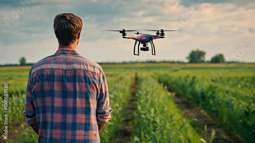 A farmer watches a drone fly over his field of crops photo