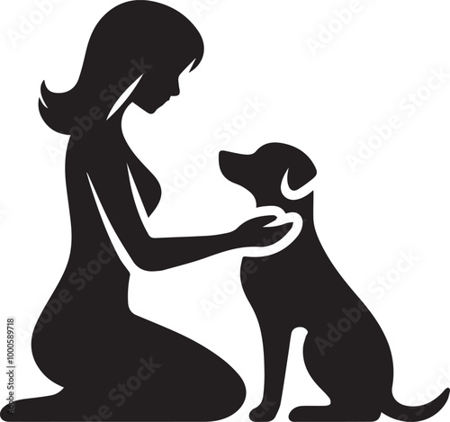 black Heartwarming Woman Kneeling and Touching Her Dog silhouette vector icon black and white