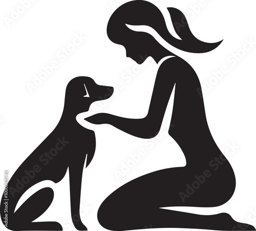 black Heartwarming Woman Kneeling and Touching Her Dog silhouette vector icon black and white