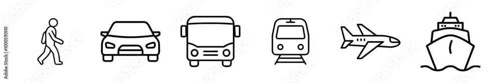Transport line icons set. Auto, bus, train, ship, plane and on foot. Public, travel and delivery transport icons. Vector illustration. Transport line icons set. Auto, bus, train, ship, plane and on foot. Public, travel and delivery transport icons. Vector illustration.