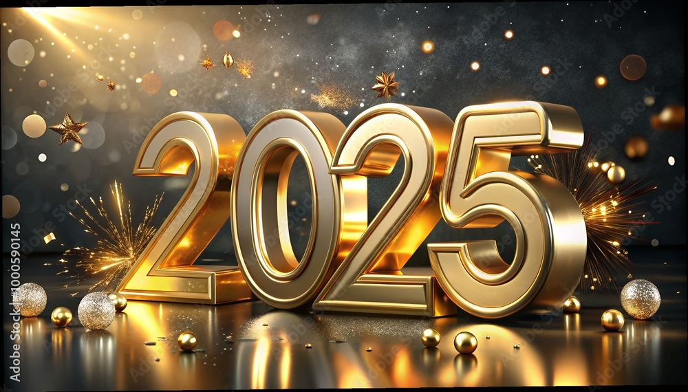 3d rendering of golden light shine particles bokeh over red background and the numbers 2025 in gold - represents the new year - vacation concept. 3d rendering of golden light shine particles bokeh over red background and the numbers 2025 in gold - represents the new year - vacation concept.