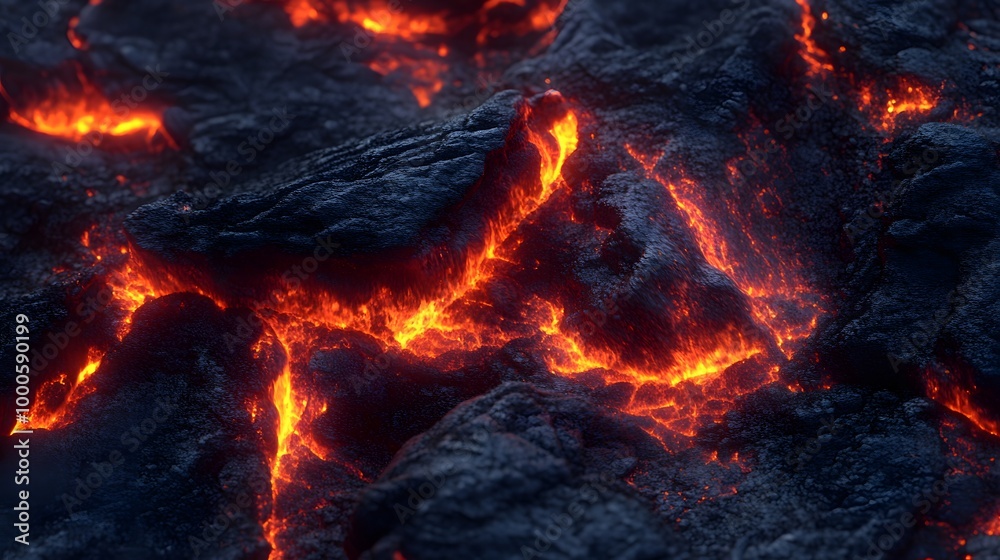 Close-up of glowing red hot lava flowing through a field of black volcanic rock. Close-up of glowing red hot lava flowing through a field of black volcanic rock.