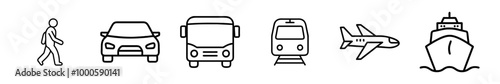 Transport line icons set. Auto, bus, train, ship, plane and on foot. Public, travel and delivery transport icons. Vector illustration.