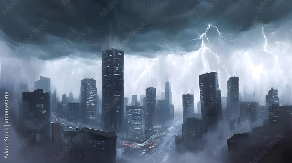 Obraz premium hurricane natural disaster rainstorm flooding typhoon urban city center strong wind heavy rain rainfall destruction damage island storm nature environment adverse weather thunderstorm lightning