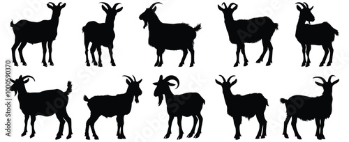 Goat silhouettes set, animal pack of vector silhouette design, isolated background