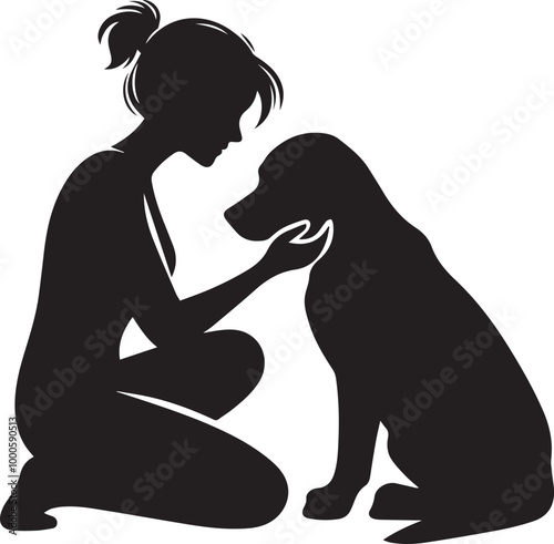 black Heartwarming Woman Kneeling and Touching Her Dog silhouette vector icon black and white