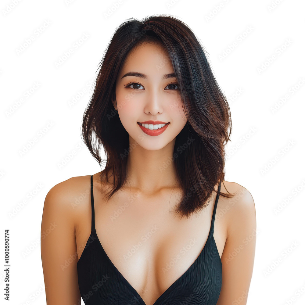 A lovely Chinese woman radiates youth in a spaghetti strap dress against a clean white backdrop, showcasing her fresh skin. A lovely Chinese woman radiates youth in a spaghetti strap dress against a clean white backdrop, showcasing her fresh skin.