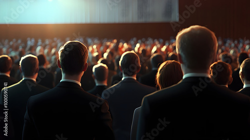 group of people in formal dressing suit as audience at large modern hall business event. Press news conference speech presentation exhibition briefing reporter seminar workshop convention forum summit