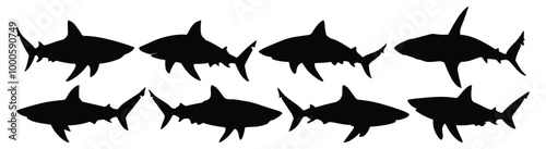 Shark silhouettes set, ocean pack of vector silhouette design, isolated background