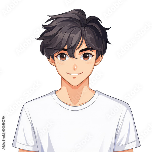 A young man illustrated in vibrant anime style, set against a classic white backdrop, showcasing his unique charm.