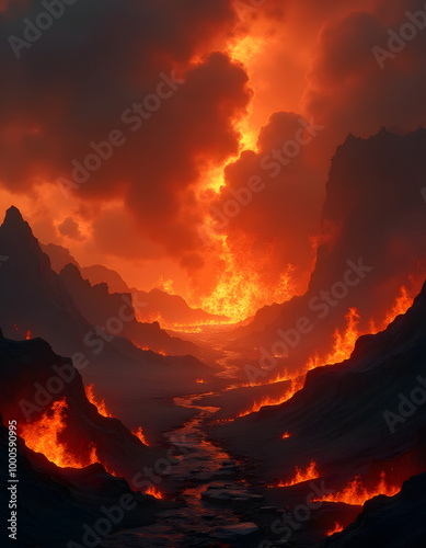 Fiery landscape of hell with flames and dark skies