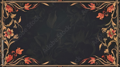 Decorative Floral Frame with Elegant Baroque Patterns and Ornate Botanical Designs on Dark Background