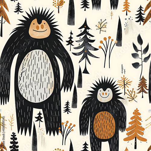Seamless pattern with Sasquatch Cartoon Illustration