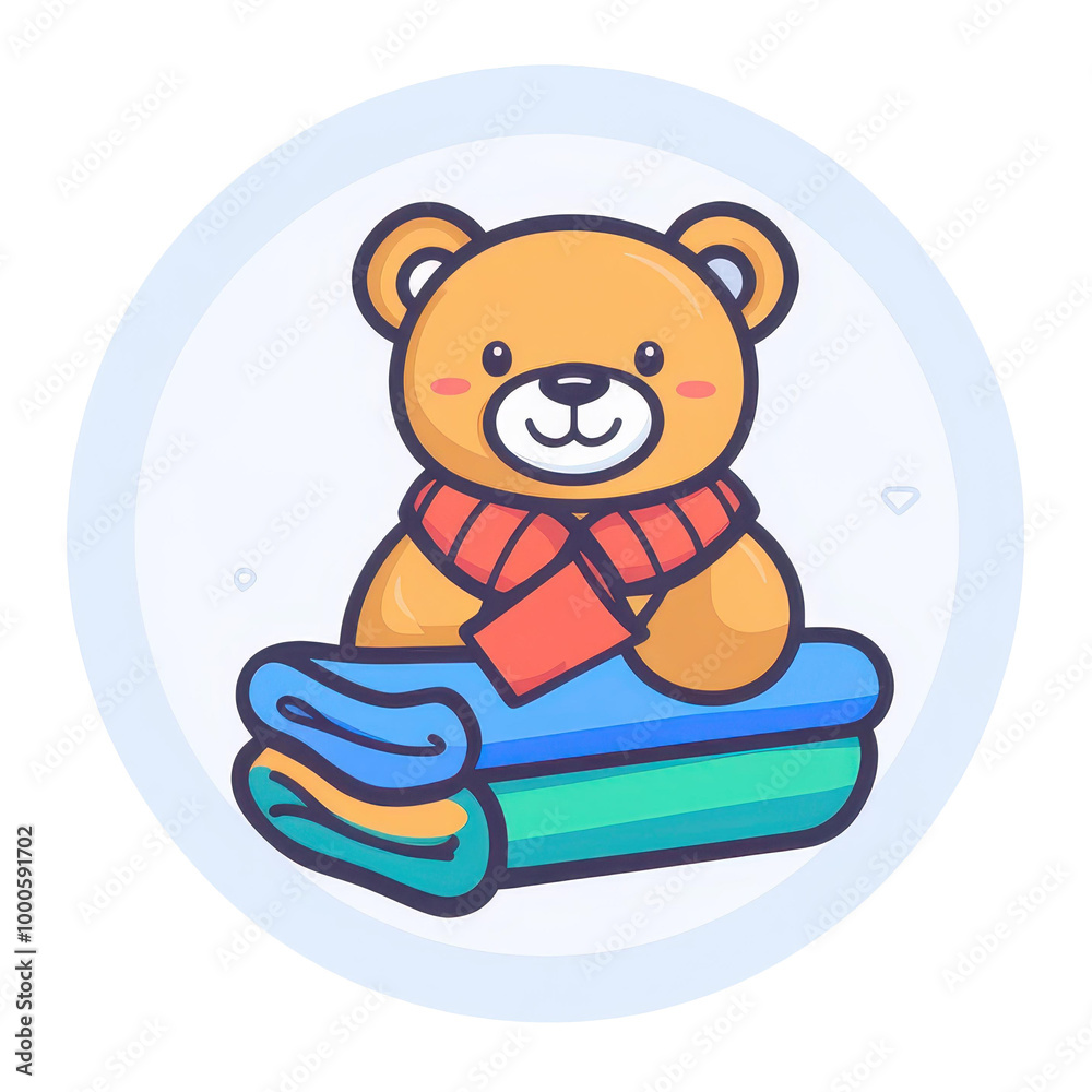 Fototapeta premium Adorable round icon features a teddy bear toy and stylish folded clothes with a lovely ribbon for a charming touch.