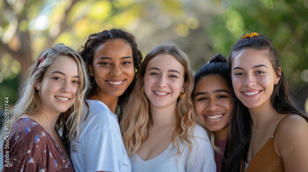 A group of young women of various races, smiling and standing close together A group of young women of various races, smiling and standing close together