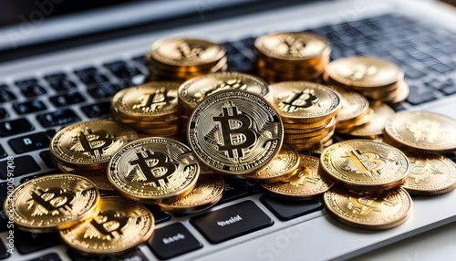 Golden bitcoins stacked on a keyboard representing wealth and high earnings in the stock market photo