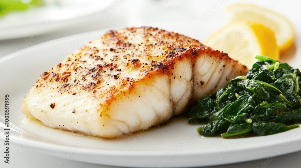 Baked Cod with Sautéed Spinach and Lemon Wedge Baked Cod with Sautéed Spinach and Lemon Wedge