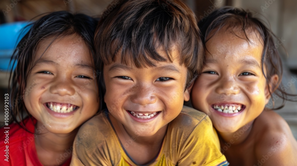 A heartwarming close-up of three diverse children, smiling joyfully A heartwarming close-up of three diverse children, smiling joyfully