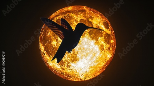 Hummingbird Silhouette Against a Full Moon in 8K – Majestic Night Sky Scene with Bird in Flight

