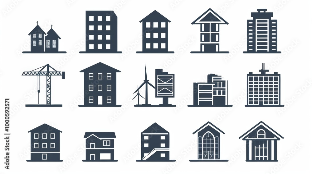 Diverse Architectural Structures and Cityscape Icons Diverse Architectural Structures and Cityscape Icons