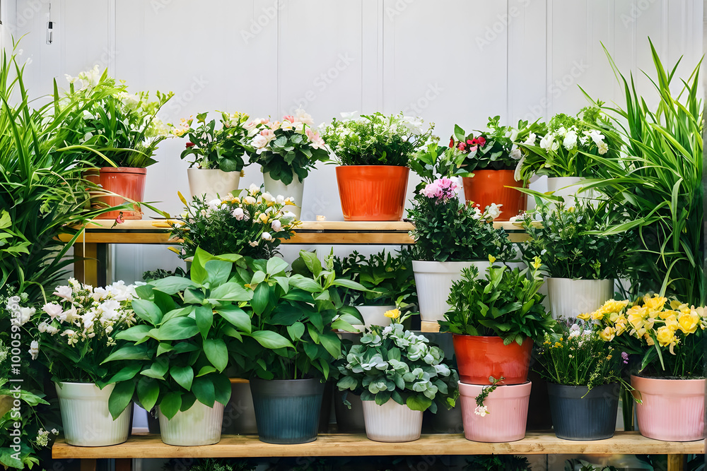 A florist full of fresh flowers from a pastel planter, surrounded by plants and potted greens on a shelf, ai A florist full of fresh flowers from a pastel planter, surrounded by plants and potted greens on a shelf, ai