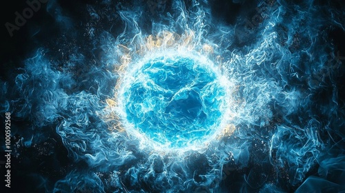 blue sun made of water, isolated on a black background, sun is the only subject in the image photo