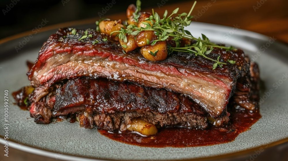 Juicy Slow Cooked Beef Brisket Served on Plate Juicy Slow Cooked Beef Brisket Served on Plate