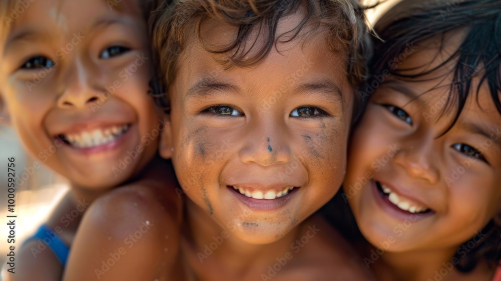 A heartwarming close-up of three smiling kids with diverse skin tones, faces close together A heartwarming close-up of three smiling kids with diverse skin tones, faces close together