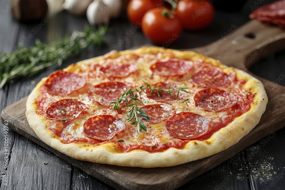 Italian food - pizza with salami and tomatoes on board, vertical, close-up - generative ai Italian food - pizza with salami and tomatoes on board, vertical, close-up - generative ai