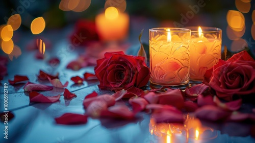 Romantic Valentine's Day Setting with Candles, Rose Petals, and Soft Lighting, Perfect for a Cozy Evening and Intimate Celebration, High-Resolution 8k Image

