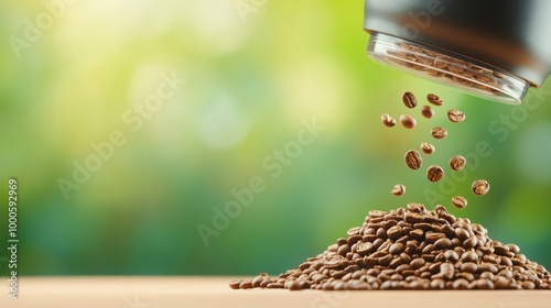 Coffee beans being poured out of a bottle onto a wooden floor natural environment photo