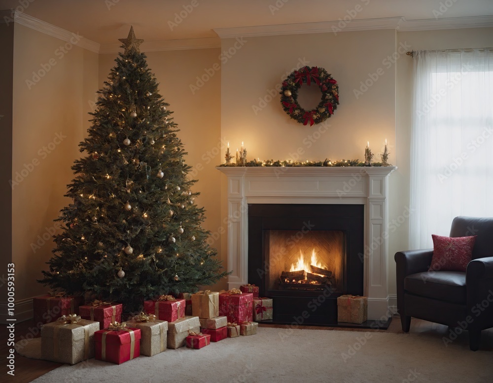 Glowing Tree, Stockings by the Fireplace, and Gift-Wrapped Presents. Beautifully Decorated Christmas Tree in a Darkened Room. Warm Holiday Atmosphere with a Twinkling Christmas Tree Glowing Tree, Stockings by the Fireplace, and Gift-Wrapped Presents. Beautifully Decorated Christmas Tree in a Darkened Room. Warm Holiday Atmosphere with a Twinkling Christmas Tree