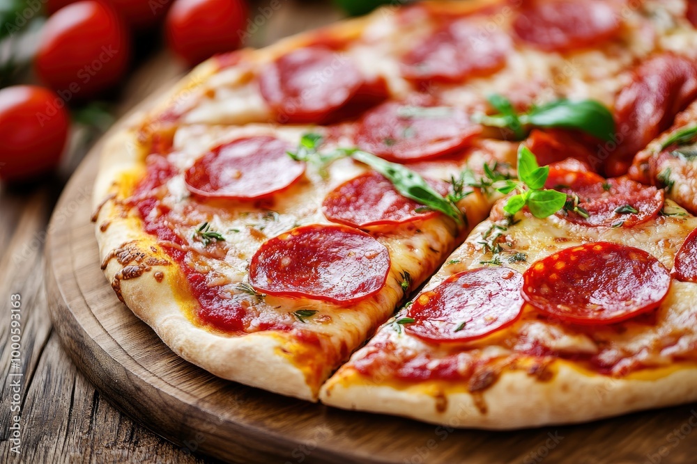 Italian food - pizza with salami and tomatoes on board, vertical, close-up - generative ai Italian food - pizza with salami and tomatoes on board, vertical, close-up - generative ai