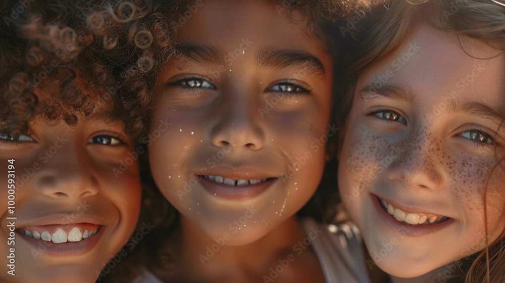 A heartwarming close-up of three smiling kids with varied hair textures, faces close together A heartwarming close-up of three smiling kids with varied hair textures, faces close together