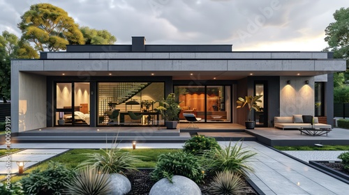 Single-Story House with Modern Industrial Design, Sleek Architecture and Contemporary Home Features in a Clean Urban Setting

