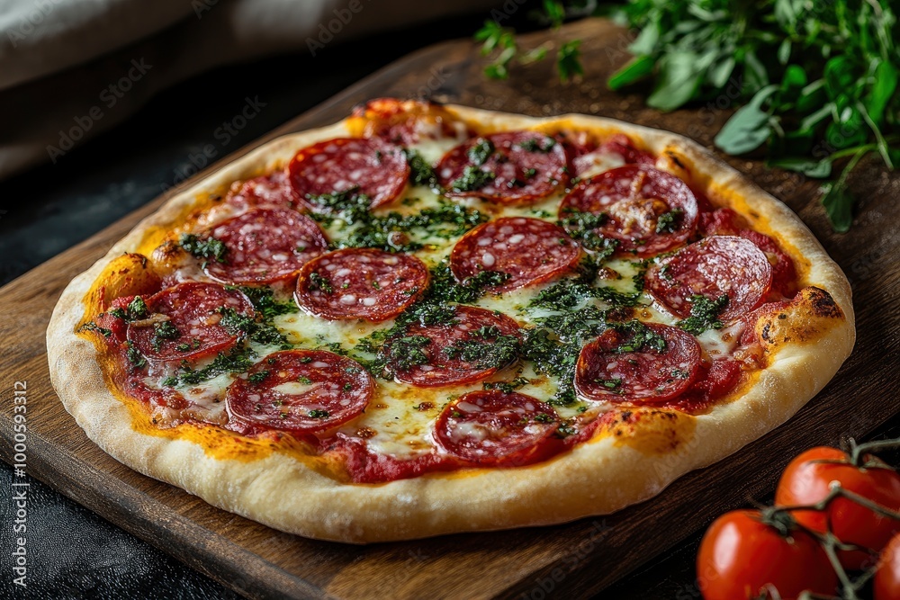 Italian food - pizza with salami and tomatoes on board, vertical, close-up - generative ai Italian food - pizza with salami and tomatoes on board, vertical, close-up - generative ai