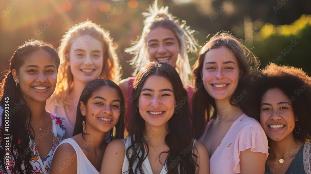 Fototapeta premium A multicultural group of young women, all smiling and standing closely