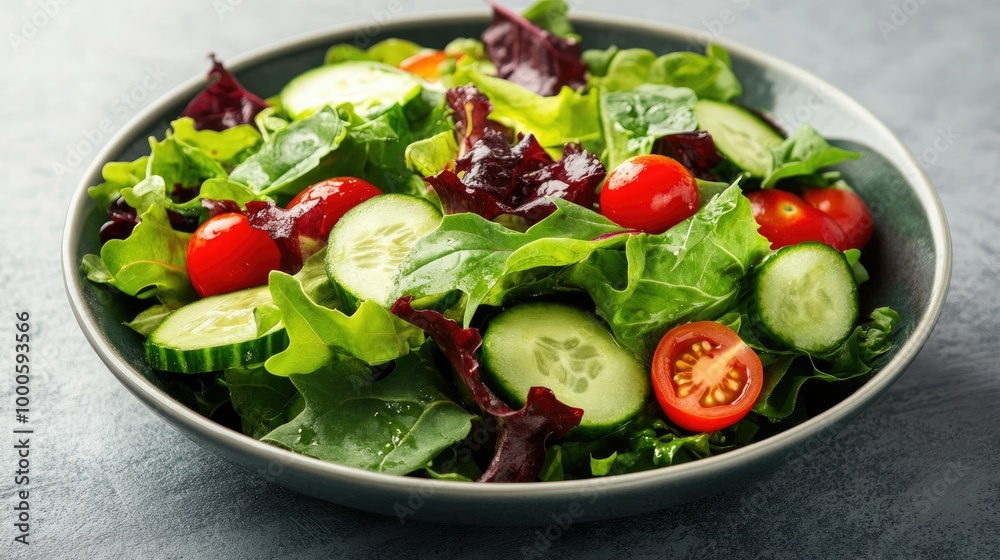 Fresh Mixed Green Salad with Cherry Tomatoes and Cucumbers Fresh Mixed Green Salad with Cherry Tomatoes and Cucumbers