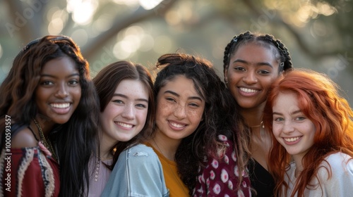 A multicultural group of young women, all smiling and standing closely