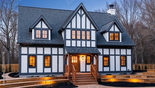 Tudor-style house with a steeply pitched roof and half-timbered exterior. The house features a combination of white and dark grey panels with wooden accents. photo