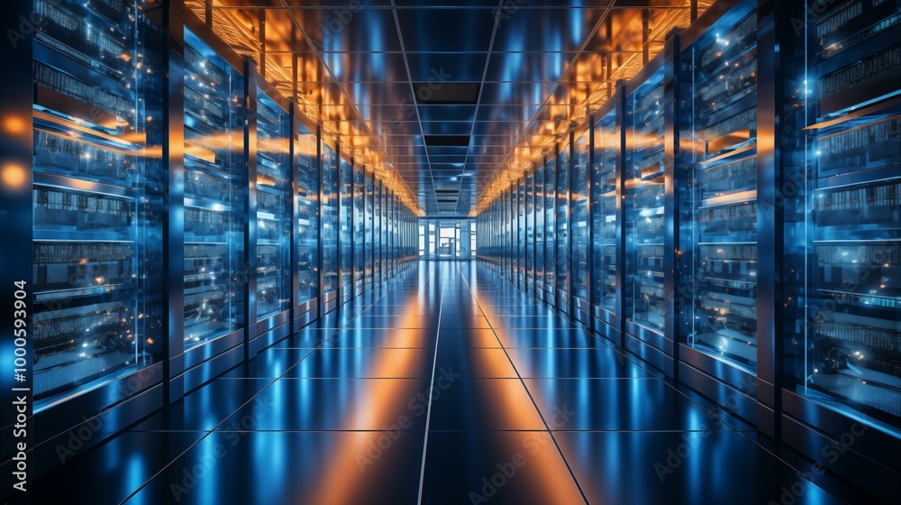 A long hallway with many computer servers A long hallway with many computer servers