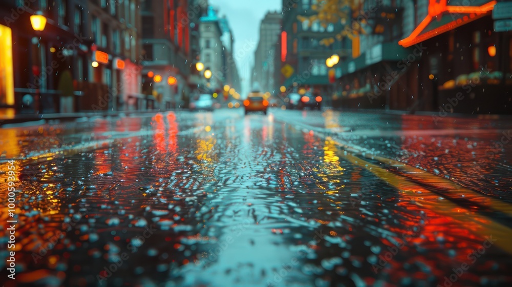 Obraz premium Glistening Surface of a Rain-Soaked Street Reflecting City Lights in a Wet Urban Setting
