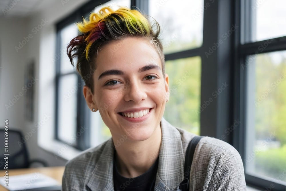 © PNG&Background Image - A cheerful non-binary person working in the office with copy space.