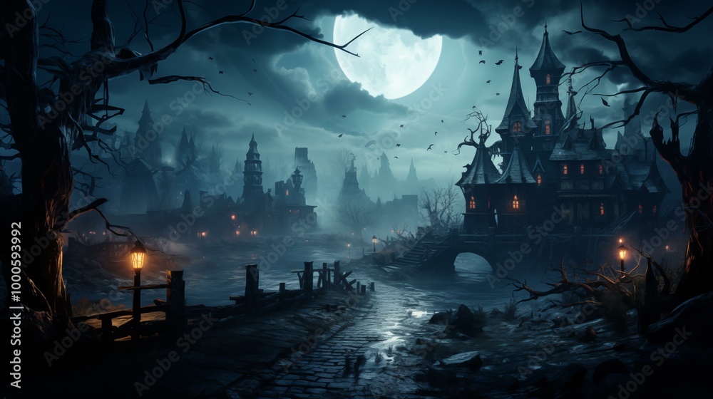 Obraz premium A dark and eerie scene with a large moon in the sky