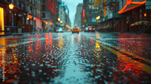 Glistening Surface of a Rain-Soaked Street Reflecting City Lights in a Wet Urban Setting

